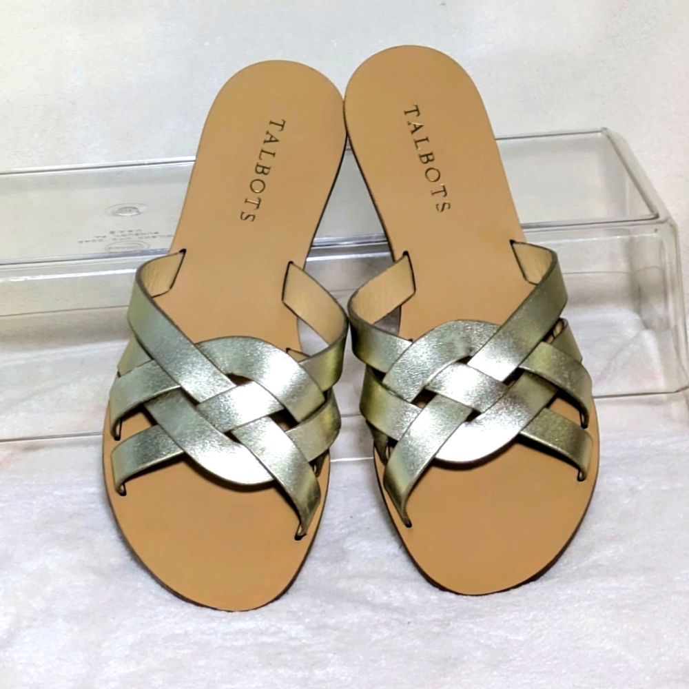 Talbots Gold Metallic Flat Slides, Leather Upper, Summer Casual Comfortable Sz 7 - Picture 4 of 8